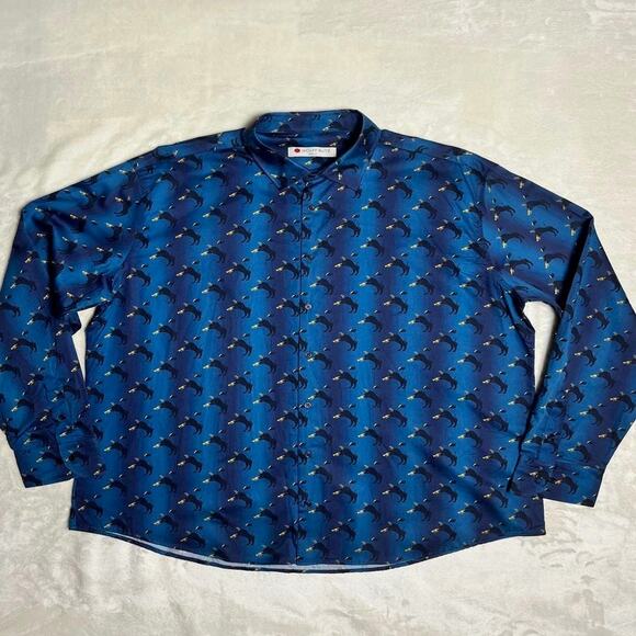 Wolff Blitz Absurd Print Button Up Shirt Men's 2XL German Luxe Bull Trumpet Fish - Picture 1 of 8